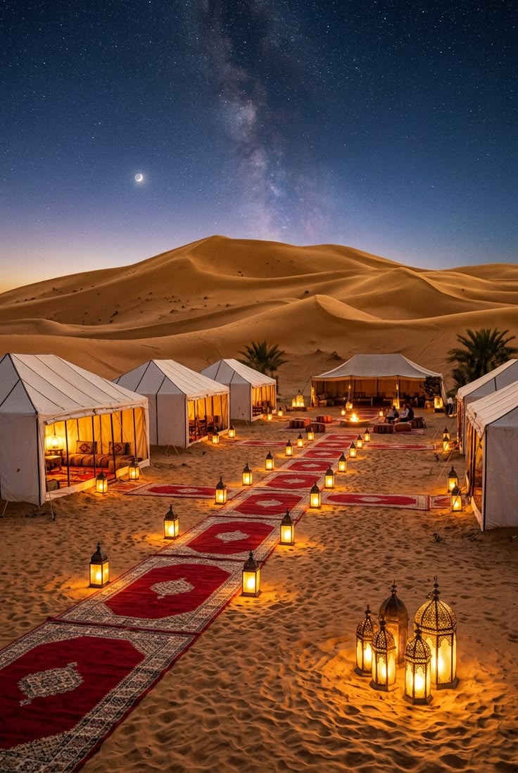 Desert camp beneath the dunes of Erg Chebbi at dusk