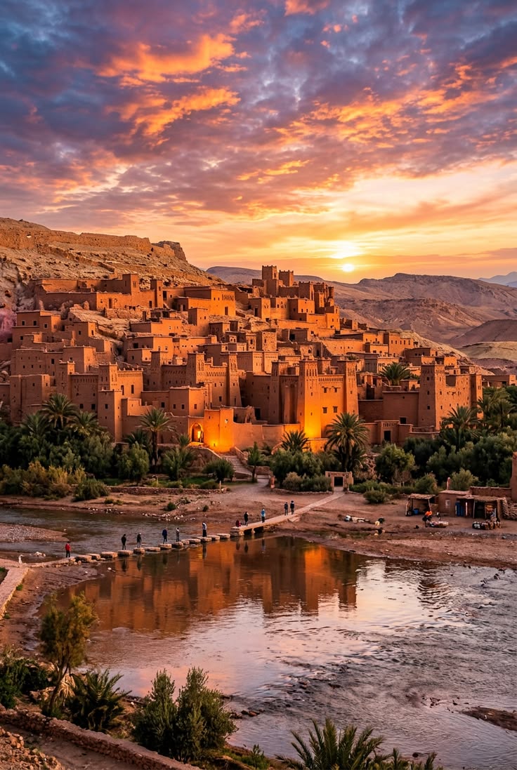 Sunlit kasbah walls and decorated towers inside the UNESCO village
