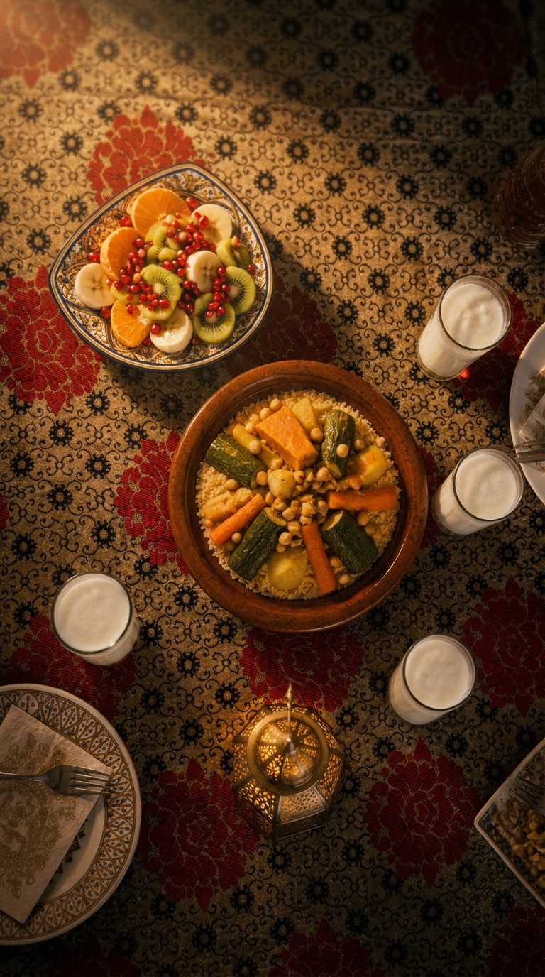 Vegetable couscous with fruit plate and glasses of buttermilk