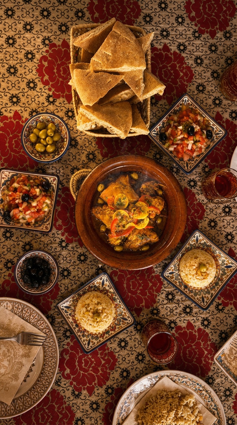 Chicken tagine with lemon and olives, Moroccan salads and fresh bread