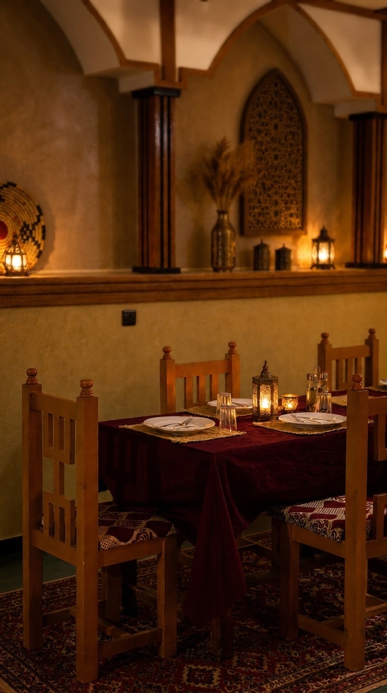 The dining room at night — burgundy velvet, lanterns and horseshoe arches