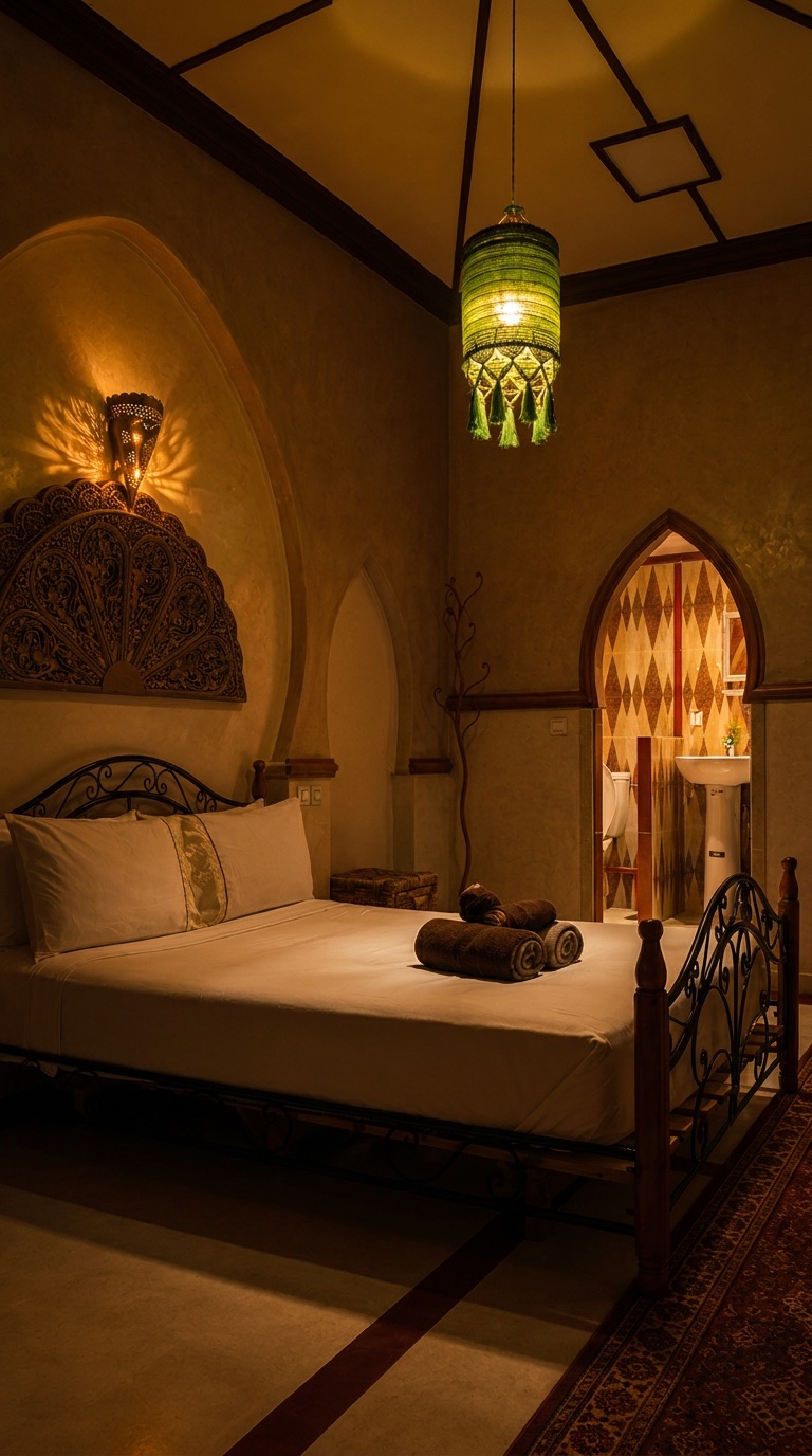 Double room with wrought-iron bed, carved cedar headboard arch and green lantern