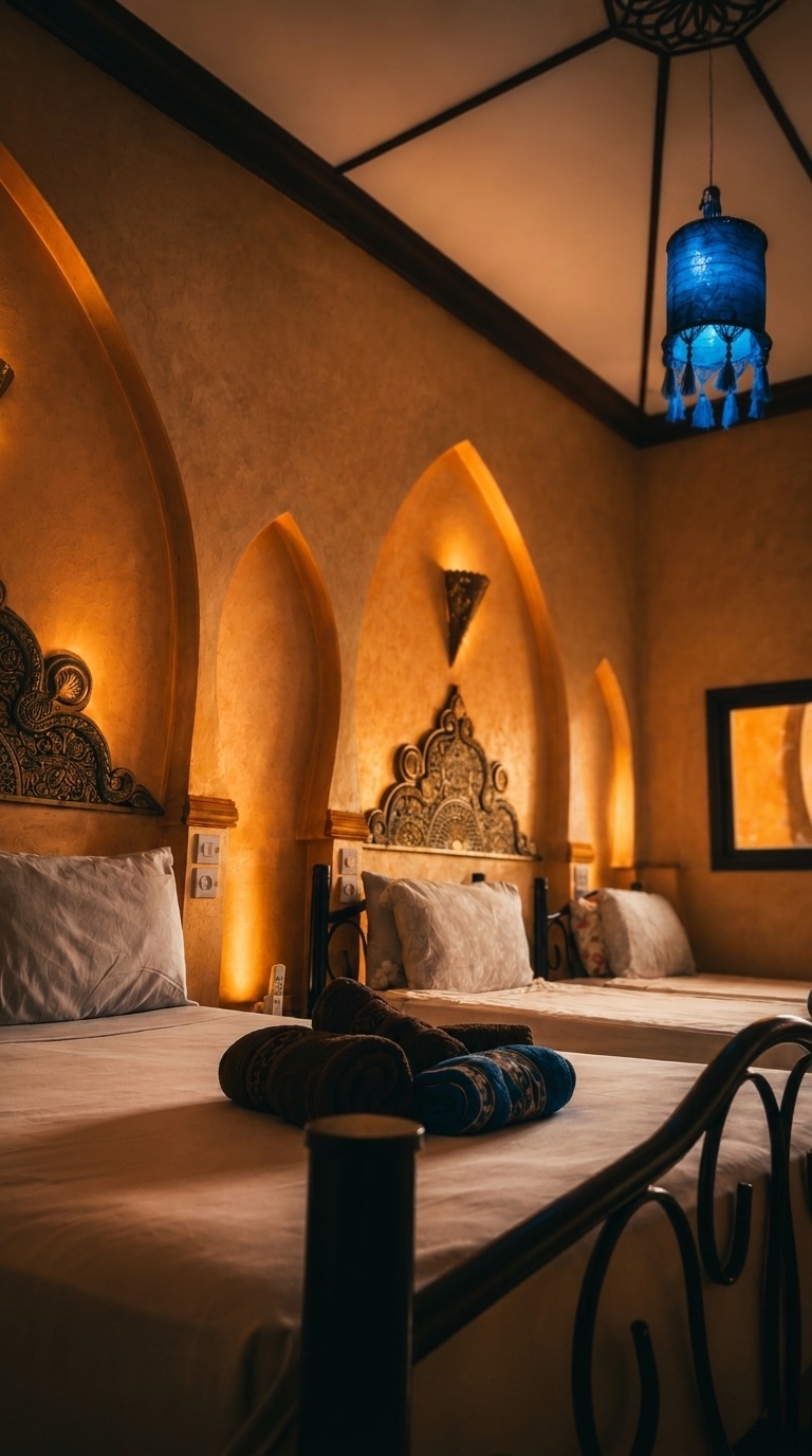 Family room with beds beneath carved arched niches and a blue lantern