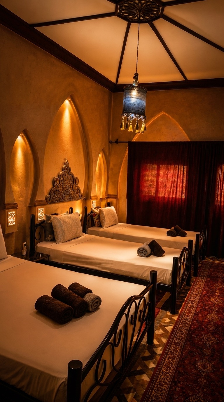 Triple room with three beds, arched niches and a red velvet curtain