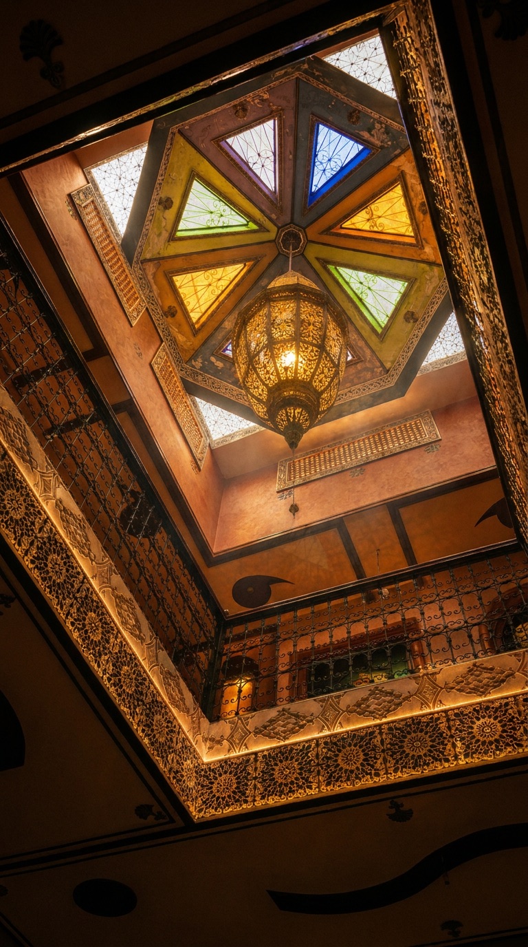 Stained-glass skylight and pierced-metal lantern above the gallery