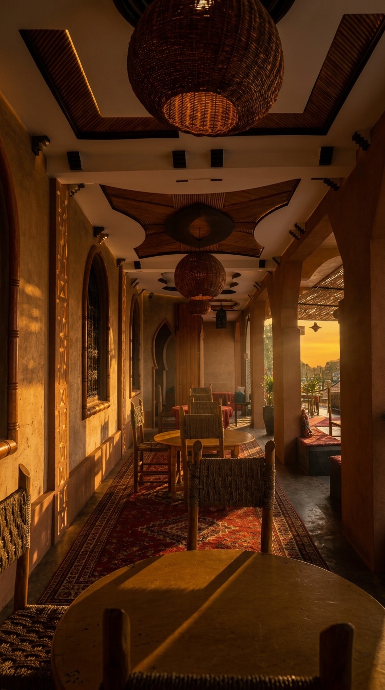 The terrace gallery at sunset, wicker pendants glowing over the valley